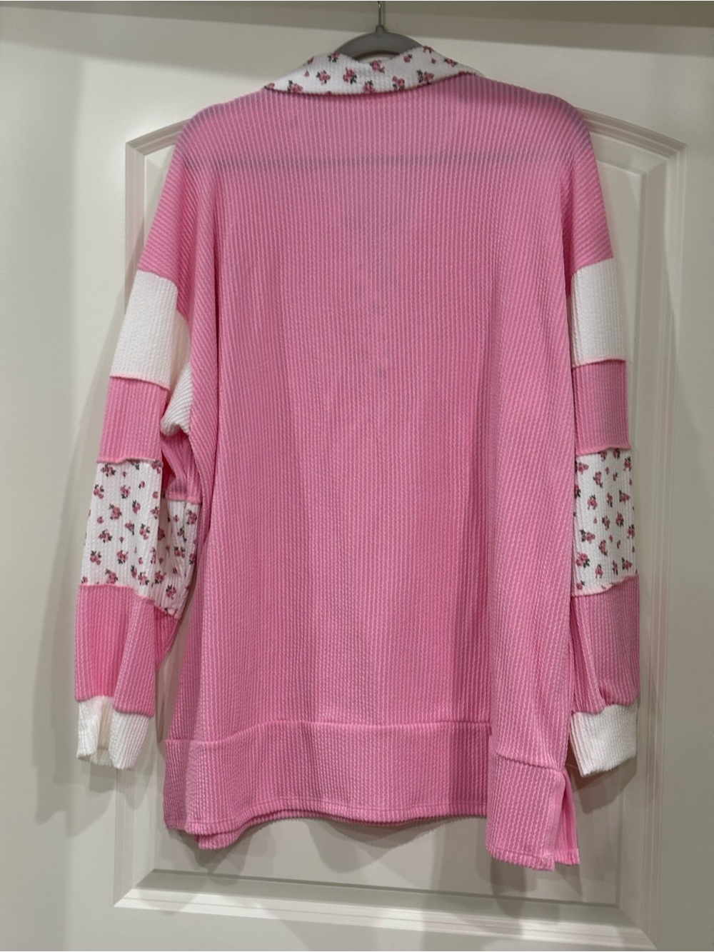 Lovely Melody Pink Waffle Knit Top with Floral Trim - Picture 5 of 5